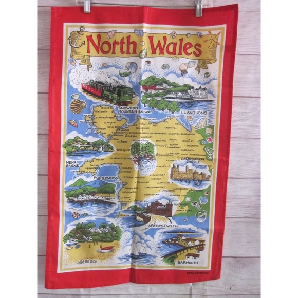 Vintage North Wales Map Tea Towel Dish Towel 100% Cotton New Without Tags - Picture 1 of 5